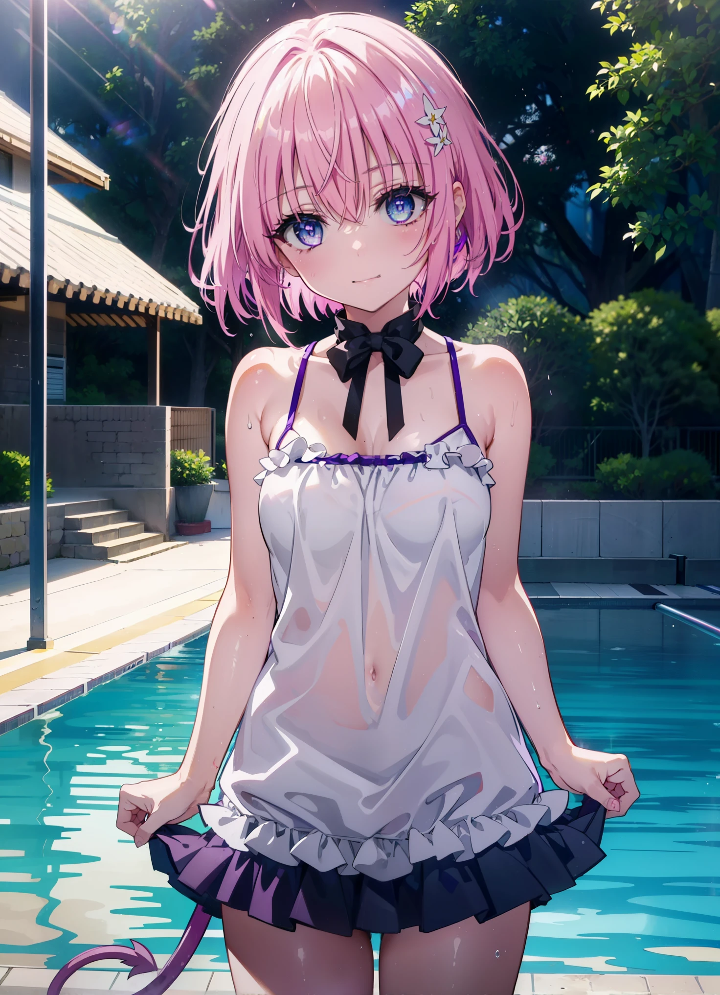 Momodeviluke, Deviluke type, demon tail, hair flower, hair ornaments, (purple eyes:1.1), pink hair, short hair, tail, smile,happy smile, smile, open your mouth,
break demon tail, green , school swimwear,wet hair,wet skin,barefoot,noon,Clear skies,
break ourdoors, School　pool,
break looking at viewer, (cowboy shot:1.5),
break (masterpiece:1.2), highest quality, High resolution, unity 8k wallpaper, (figure:0.8), (beautiful detailed eyes:1.6), extremely detailed face, perfect lighting, extremely detailed CG, (perfect hands, perfect anatomy),