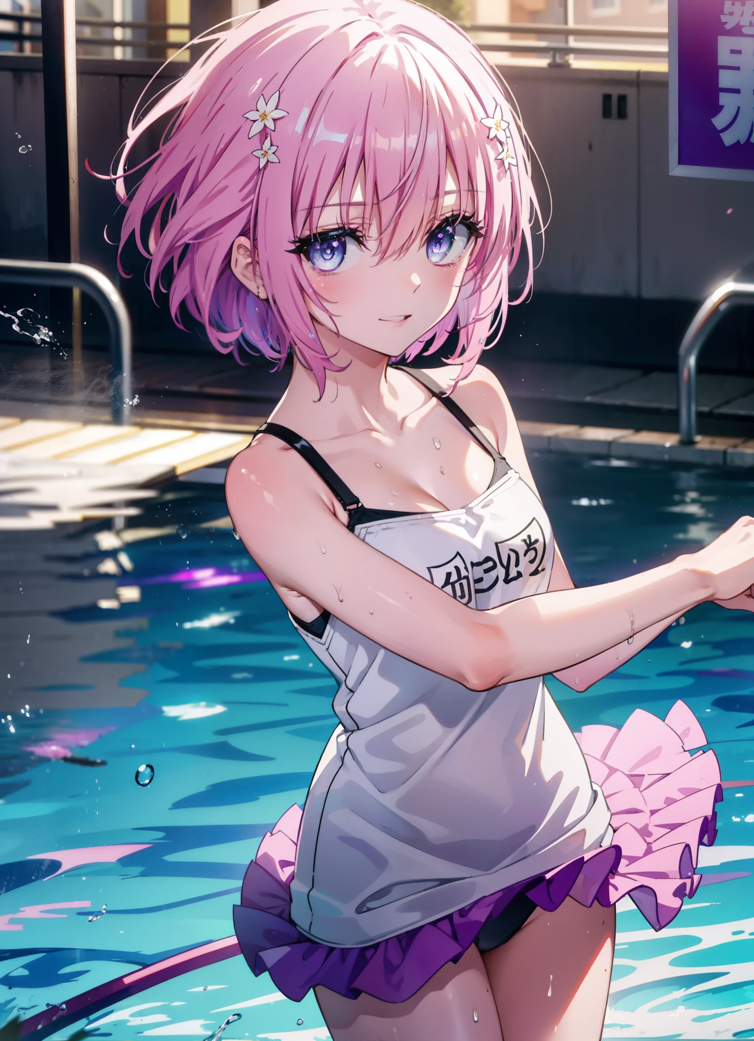 Momodeviluke, Deviluke type, demon tail, hair flower, hair ornaments, (purple eyes:1.1), pink hair, short hair, tail, smile,happy smile, smile, open your mouth,
break demon tail, green , school swimwear,wet hair,wet skin,barefoot,noon,Clear skies,
break ourdoors, School　pool,
break looking at viewer, (cowboy shot:1.5),
break (masterpiece:1.2), highest quality, High resolution, unity 8k wallpaper, (figure:0.8), (beautiful detailed eyes:1.6), extremely detailed face, perfect lighting, extremely detailed CG, (perfect hands, perfect anatomy),