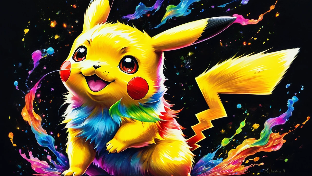 A painting of a colorful pikachu on a black background, breathtaking rendering, within a radiant connection, inspired by Kinuko Y. Artwork, magical elements, kitten icon, wow, it's beautiful, casting a multicolored spell, bright flash, shine | realistic portrait
