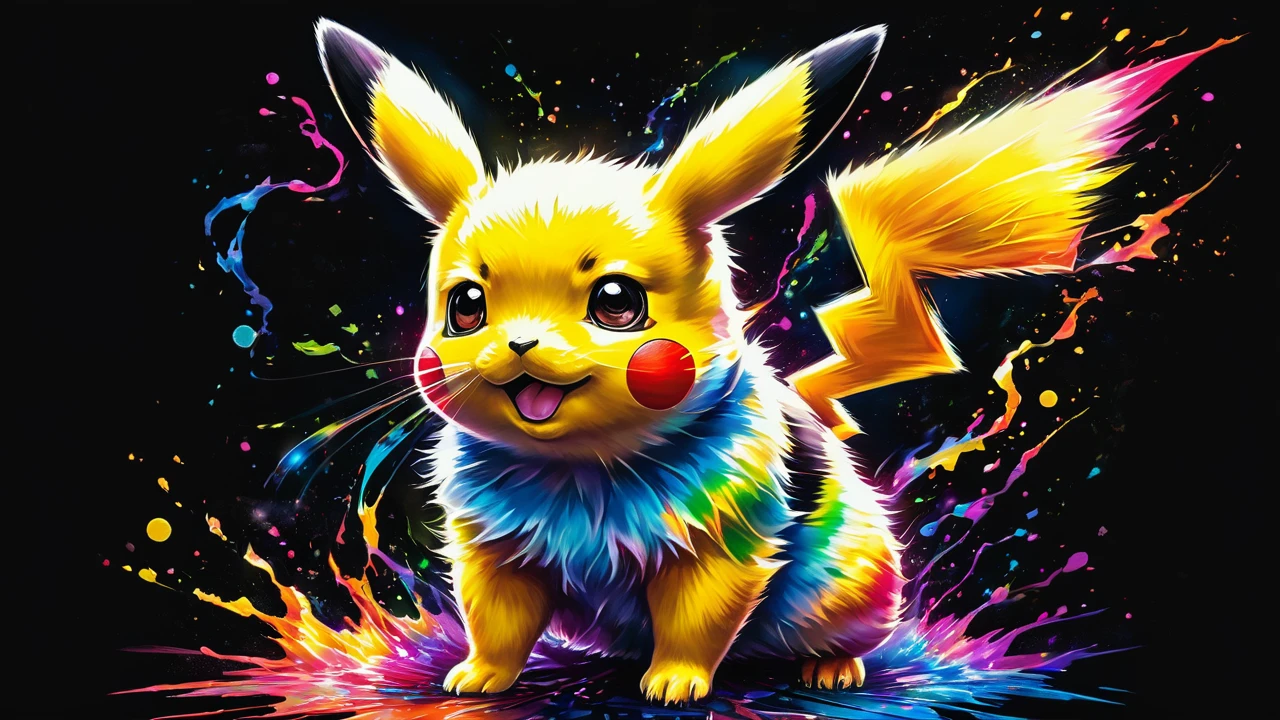 A painting of a colorful pikachu on a black background, breathtaking rendering, within a radiant connection, inspired by Kinuko Y. Artwork, magical elements, kitten icon, wow, it's beautiful, casting a multicolored spell, bright flash, shine | realistic portrait
