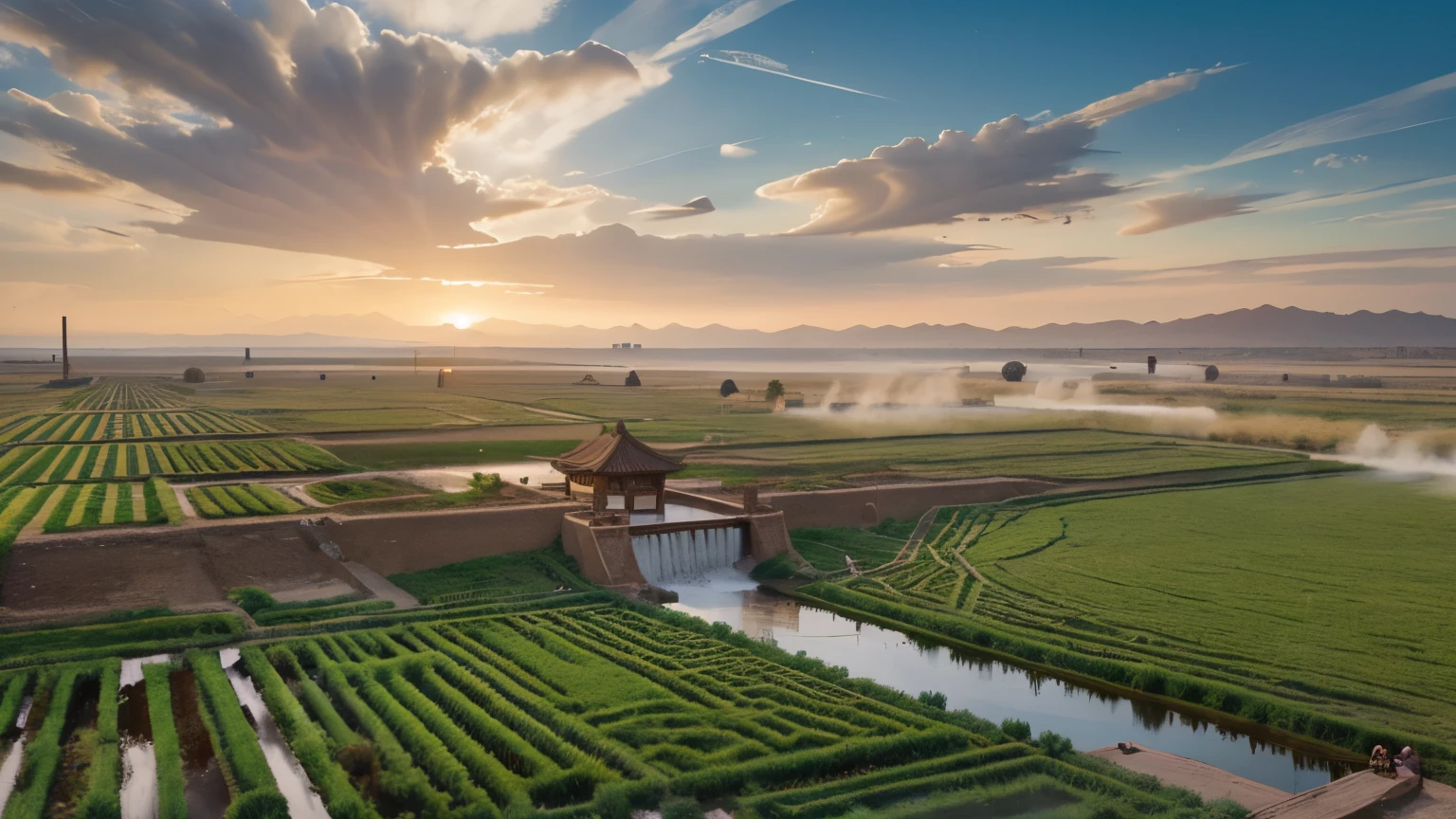 "Create an image depicting the technological innovations that spread along the Silk Road, showcasing ancient inventions such as papermaking, compasses, and intricate irrigation systems."
