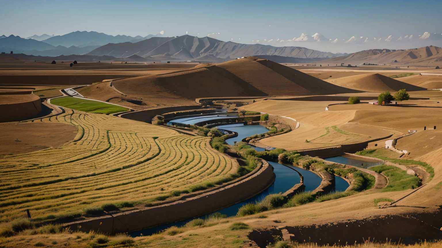 "Create an image depicting the technological innovations that spread along the Silk Road, showcasing ancient inventions such as papermaking, compasses, and intricate irrigation systems."
