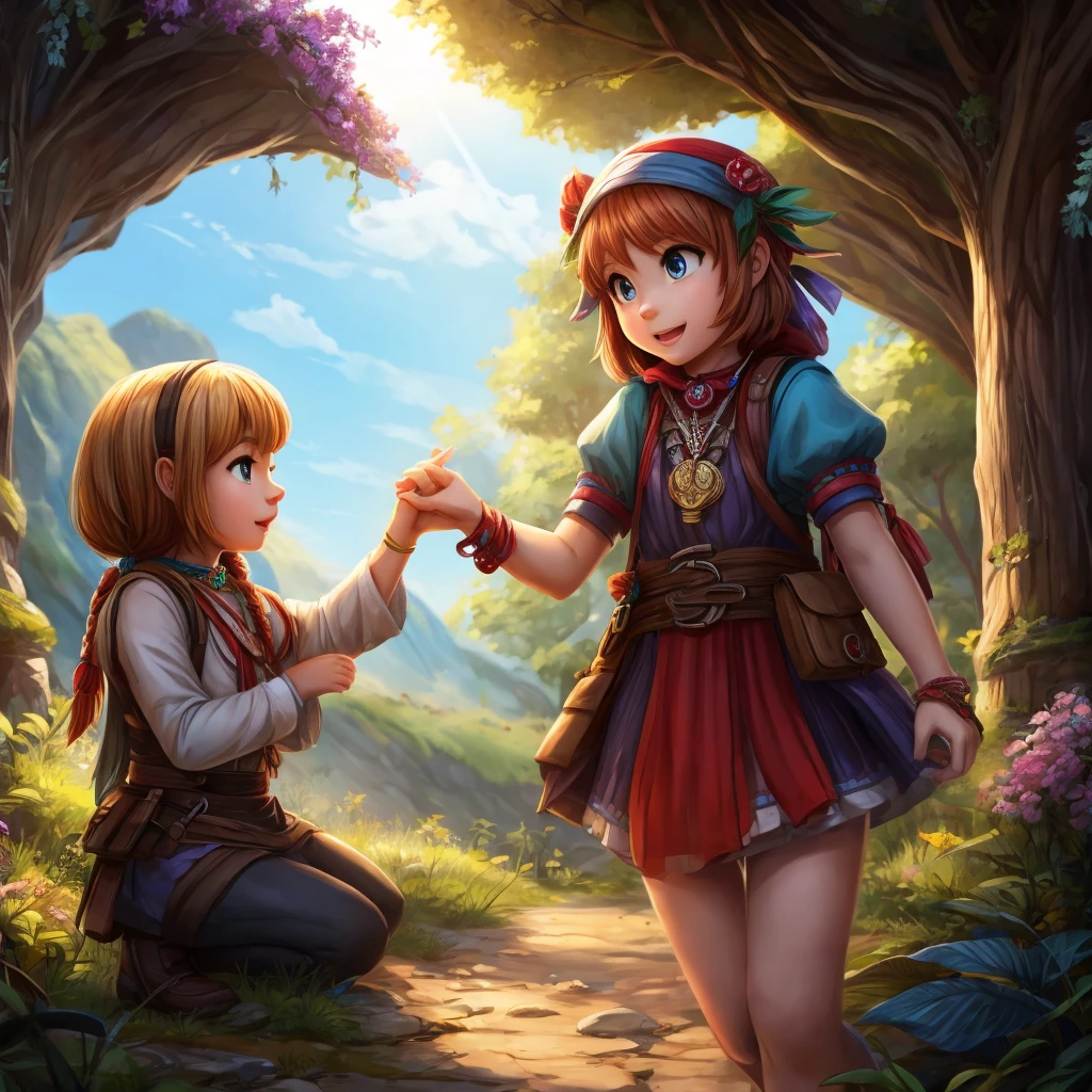 A young girl who always wear a mecklace and she loves helping other people through adventure