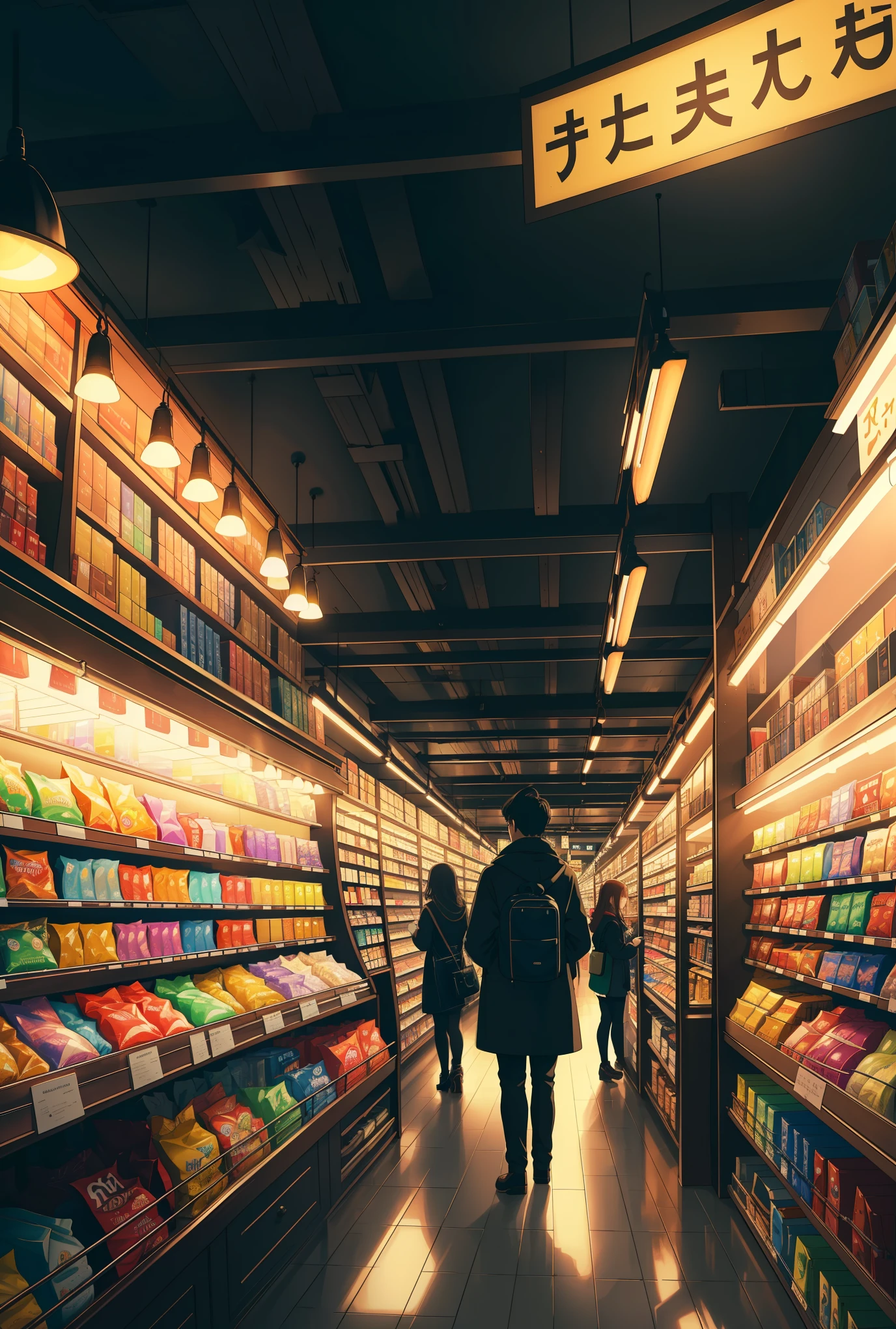 ,best quality,4k,8k,highres,masterpiece:1.2,ultra-detailed,realistic,photorealistic:1.37,illustration,magical atmosphere,quiet and tranquil setting,mysterious and enchanting midnight convenience store,neatly organized shelves,wide variety of products,cozy and inviting ambiance,subtle lighting,product diversity,bookshelves,stationery,snacks,candy,beverages,electronics,cosmetics,scattered interactive products,comforting environment,atmospheric charm,late night scene,lit up sign,indie products,unique items,secret treasures,exclusive products