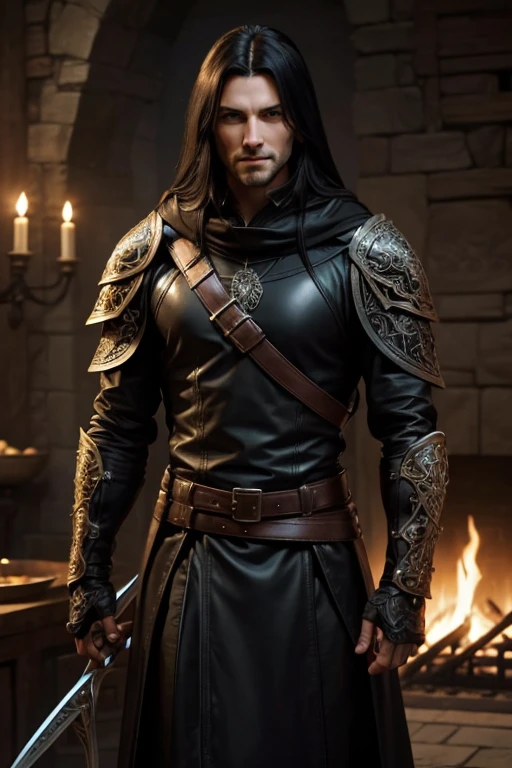 Male human, caucasian, slim, toned, long black hair, hazel-green eyes. Wearing black leather armor. A pair of scimitars hang from his side in ornate sheathes. A furred cloak hangs over his shoulders.