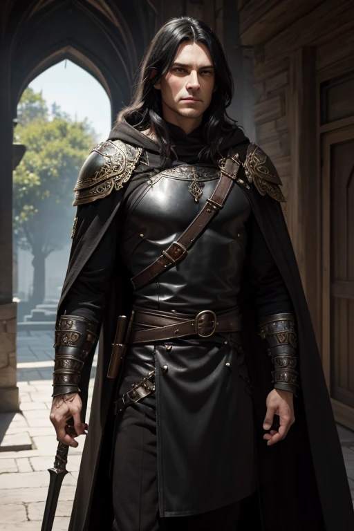 Male human, caucasian, slim, toned, long black hair, hazel-green eyes. Wearing black leather armor. A pair of scimitars hang from his side in ornate sheathes. A furred cloak hangs over his shoulders.