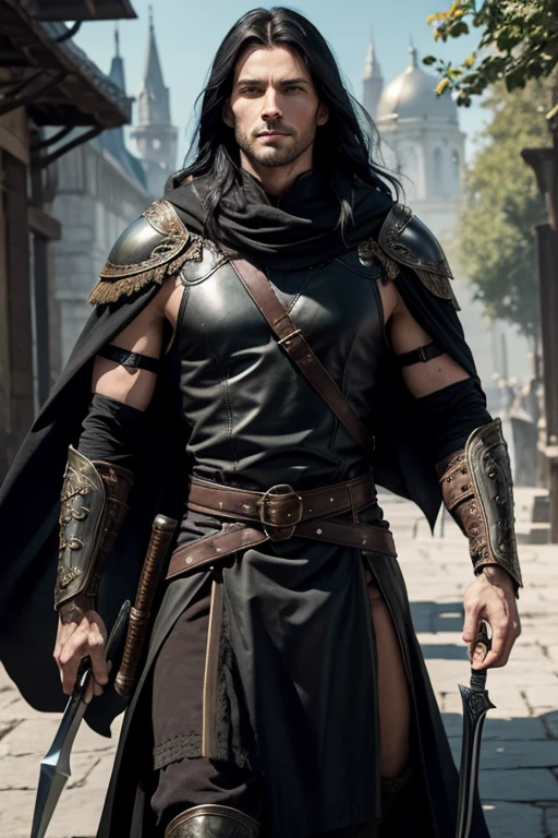 Male human, caucasian, slim, toned, long black hair, hazel-green eyes. Wearing black leather armor. A pair of scimitars hang from his side in ornate sheathes. A furred cloak hangs over his shoulders.