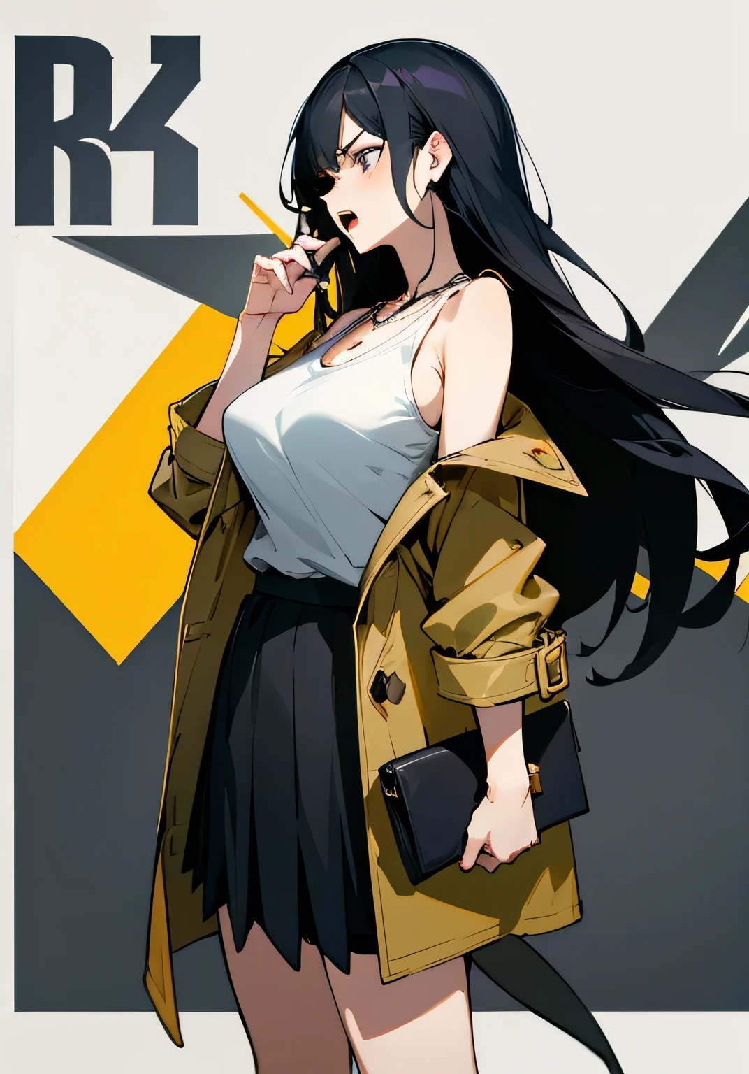 {best quality}、long black hair、mature woman、big breasts、A slightly angry look、open-mouth、Talking on a smartphone、trench coat、v-neck-tank top、skirt、necklace、clutch bag、Side view、cowboy shot、looking away from the camera