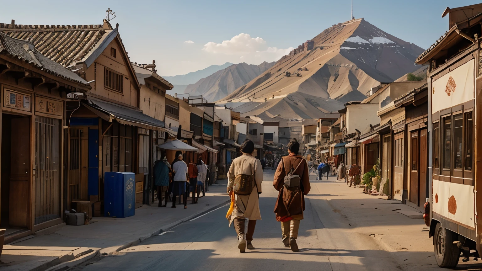 "Illustrate the bustling trade caravans traversing the ancient Silk Road, laden with exotic goods and cultural artifacts, amidst a backdrop of diverse landscapes from the East to the West."
