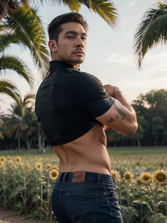 Manuel Turizo, 30 years, ojos grandes, hombre chino, rastrojo, pulgada blanca, huge muscles, exaggerated muscles,cuerpo completo , hombre maduro, muscle swelling, culturismo, Musculos pectorales, abdominales, muy nalgon , en un campo de flores de girasol, Muchos girasoles, chaqueta y chaleco, vaqueros, zapatillas, luz natural, collar de metal, piel color trigo, 1 hombre, de pie, aretes de hombre, tatuajes, Bubble butt, jeans ajustados, backside 