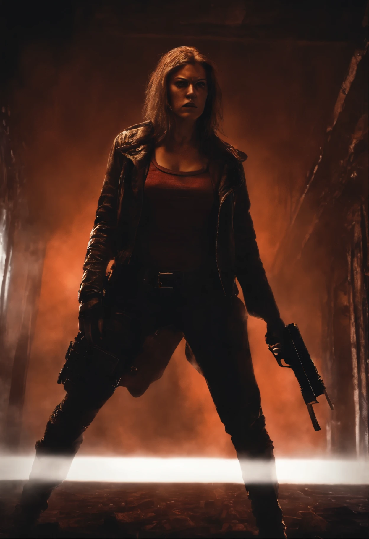 a Hot cleverage open torso or chest ponytail scared terrified Sci fi adrianne palicki holding a sci fi pistol on ishimura haunted abandoned Horror Space Ship photography, photorealism, cinematic rendering, ray tracing, the highest quality, the highest detail, Cinematic, Third-Person View, Blur Effect, Long Exposure, 8K, Ultra-HD, Natural Lighting, Spooky Red orange mist Moody Lighting, Cinematic Lighting