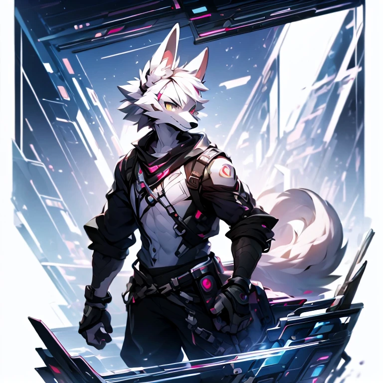 cyber punk perssonage,epcot,Tech style,solo person,White body,White ears,White hair,Overall white,Orange-yellow eyes,Wolf tail,Wolf orcs,Young,Wear a short-sleeved shirt,Ultra-clear screen,Soft lines