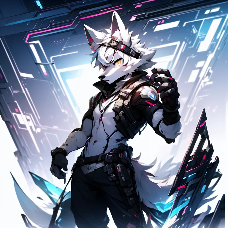 cyber punk perssonage，epcot，Tech style，solo person，White body，White ears，White hair，Overall white，Orange-yellow eyes，Wolf tail，Wolf orcs，Young，Wear a short-sleeved shirt，Ultra-clear screen，Soft lines