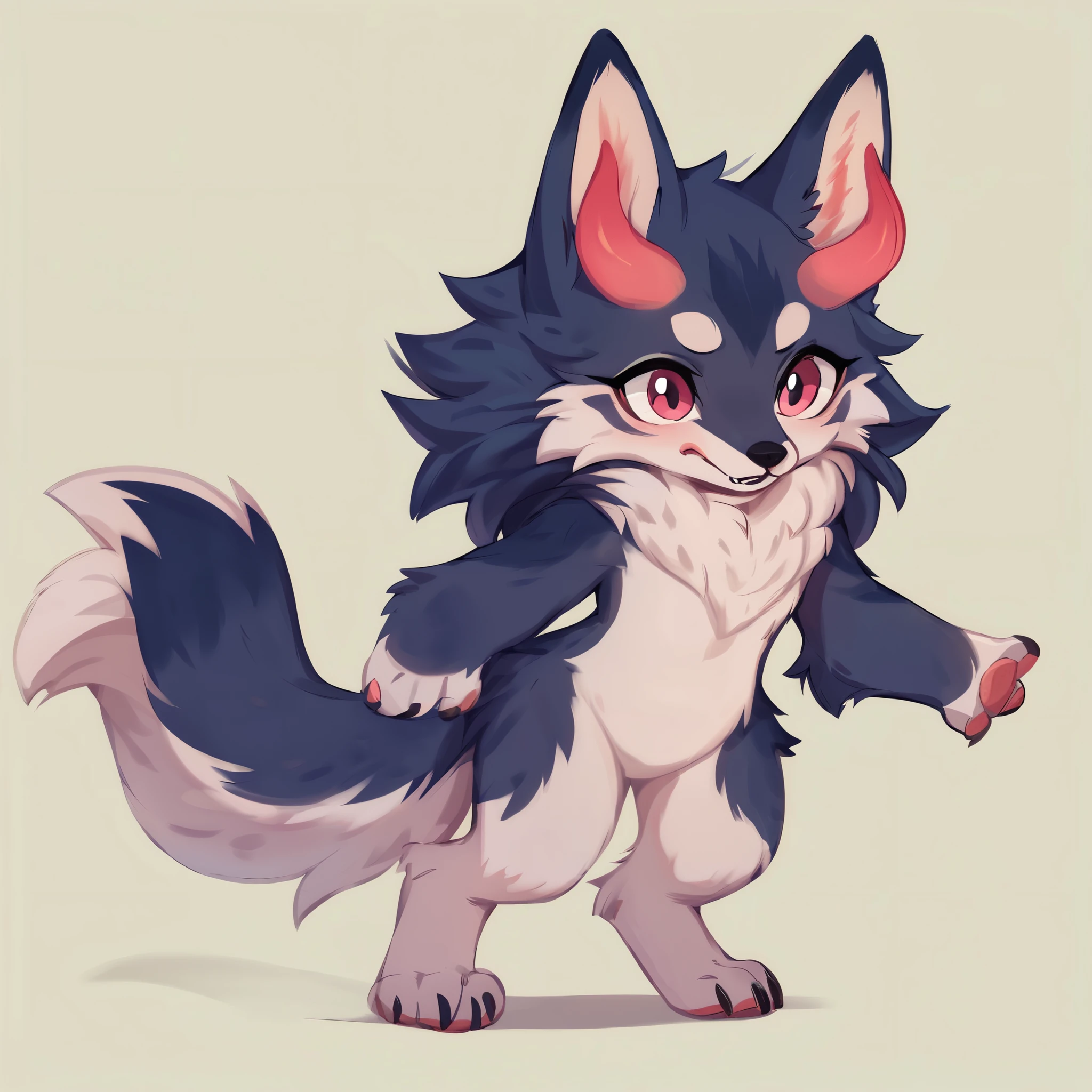 score_9, score_8_up, score_7_up, score_6_up, score_5_up, score_4_up, show accurate, (((full body))), hungry body, simple background, (solo), (semi anthro wolf), female, teenage wolf, body cub, ((standing)), dark pink eyes, ((dark blue fur)), (ultrafine fur), (neck covered by white color mane), (little white oni horns with pink), (white chest), (short and straight hair), (black hair), white snout, wolf tail, white hands,