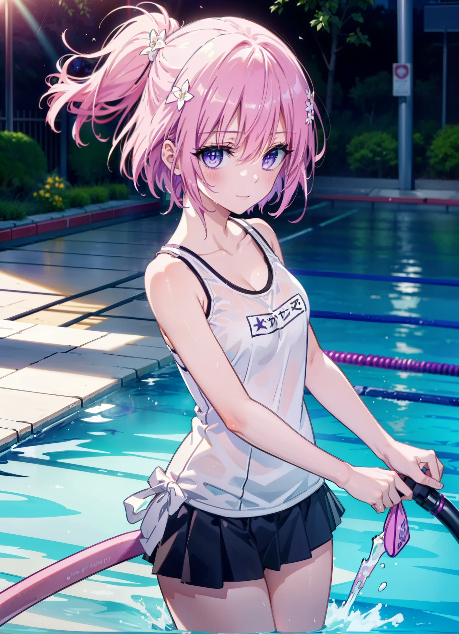 Momodeviluke, Deviluke type, demon tail, hair flower, hair ornaments, (purple eyes:1.1), pink hair, short hair, tail, smile,happy smile, smile, open your mouth,
break demon tail, green , school swimwear,wet hair,wet skin,barefoot,noon,Clear skies,
break ourdoors, School　pool,
break looking at viewer, (cowboy shot:1.5),
break (masterpiece:1.2), highest quality, High resolution, unity 8k wallpaper, (figure:0.8), (beautiful detailed eyes:1.6), extremely detailed face, perfect lighting, extremely detailed CG, (perfect hands, perfect anatomy),