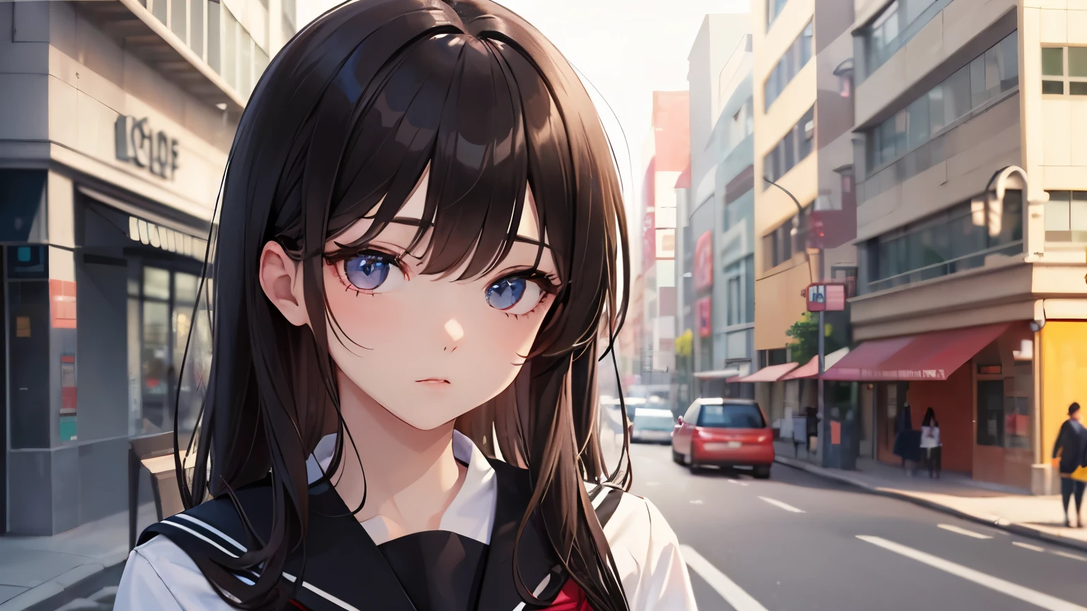 (((Best quality, 8k, Masterpiece: 1.3)), Sharp focus, Slim abdomen, (White shirt), (Street: 1.2), Highly detailed face and skin texture, Detailed eyes, Double eyelid, Japanese high school girl, brown hair, sleepy face, (in high school), (high school uniform)