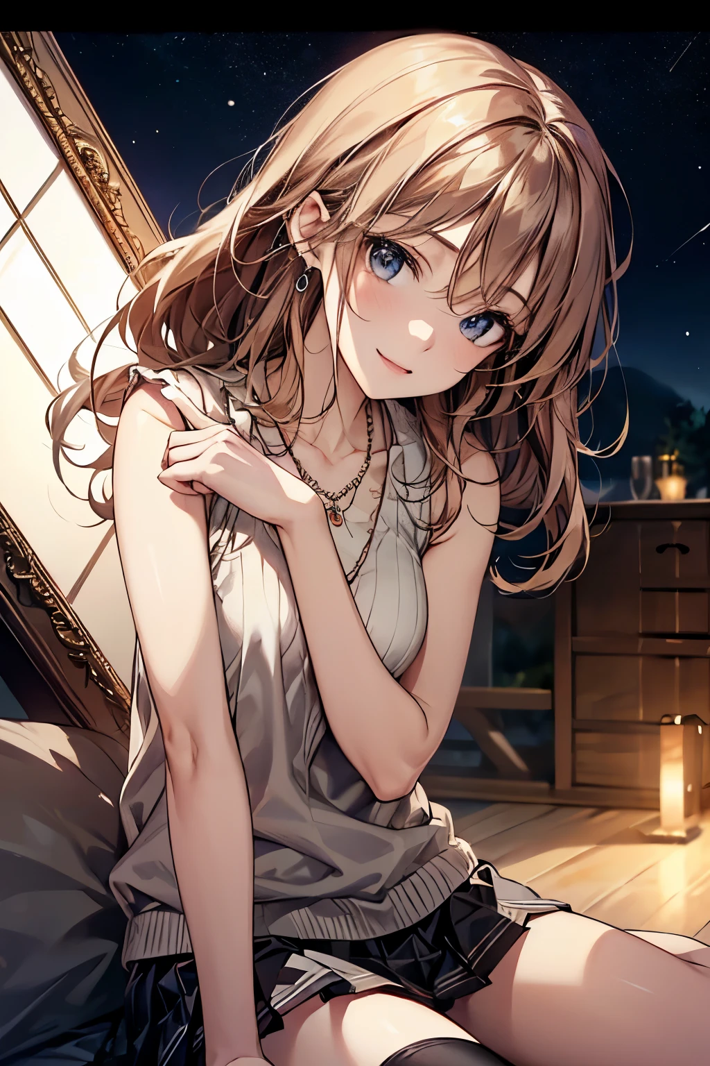 ((Biologically correct number of limbs))、(( Upper body photo including face))、4K、((standing position))、masterpiece、((focus on the face))、((Symmetrical facial features))、Eyes with detailed description、Beautiful woman、outstanding style、beautiful clavicle、beautiful legs、beautiful hands、slender body、(stockings、high heels)、Detailed depiction of faces、small earrings、necklace、(Sleeveless、Checkered block pleated skirt)、A bow tie、(((white frame photo)))、profile、sideways glance、smile、under the starry sky、cheerleader