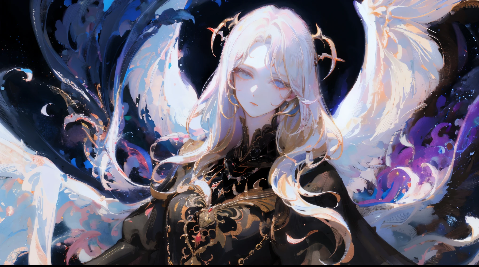 (Designed by nty:1.4), masterpiece: 1.7, top quality、(Highly detailed CG、Super detailed、best shadow:1.1)、solo、ish、sketch、paper texture、ultra high resolution、The facial details are particularly rich、flat color、The facial details are particularly rich、actual、limited pallet、low contrast、(satanic、black wings:1.2)、Dark dress,、a mature woman、best lighting、beautiful woman、sad、Blanche:1.6、(Tangled、mandala、dispute、wring:1)