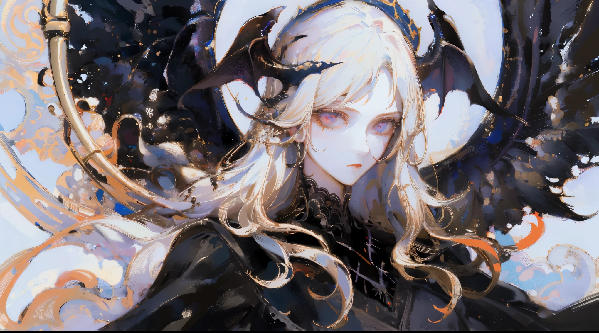 (Designed by nty:1.4), masterpiece: 1.7, top quality、(Highly detailed CG、Super detailed、best shadow:1.1)、solo、ish、sketch、paper texture、ultra high resolution、The facial details are particularly rich、flat color、The facial details are particularly rich、actual、limited pallet、low contrast、(satanic、black wings:1.2)、Dark dress,、a mature woman、best lighting、beautiful woman、sad、Blanche:1.6、(Tangled、mandala、dispute、wring:1)