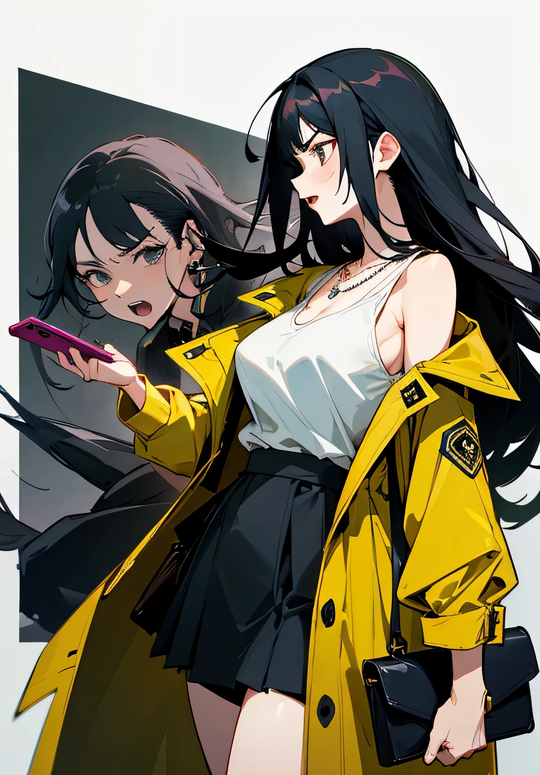 {best quality}、long black hair、mature woman、big breasts、A slightly angry look、open-mouth、Talking on a smartphone、trench coat、v-neck-tank top、skirt、necklace、clutch bag、Side view、cowboy shot、looking away from the camera