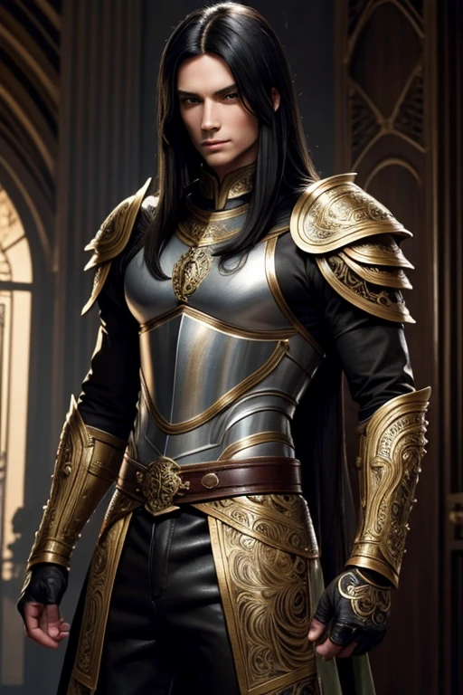 Male human, caucasian, slim, toned, long black hair, hazel-green eyes. Wearing ornate leather armor.