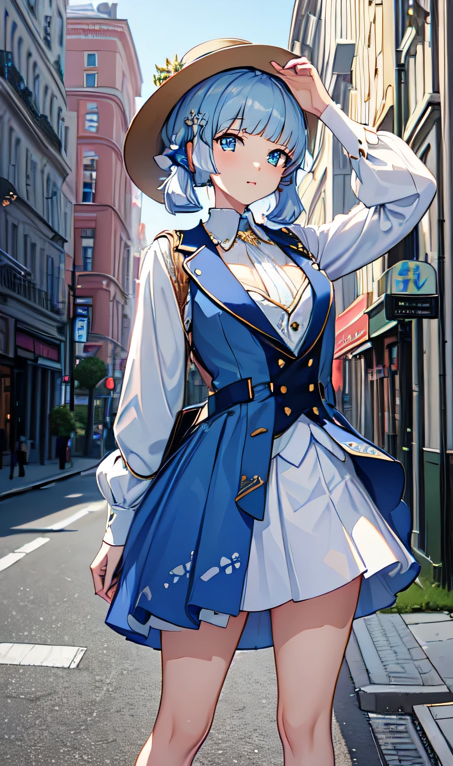 (masterpiece, best quality, ultra-detailed, highres), perfect face, sidelighting, lustrous skin, standing,
(bloom), (shine), lighting, ray tracing, sci-fi, city, street, outdoor, depth_of_field,
blue eyes , high heels, whirlwind of water, hair ornament, bangs, light blue hair, butterfly hair ornament, kamisato, kamisato ayaka \(heytea\),   hat, single hair ring, (lifting skirt), ((white panties underskirt))