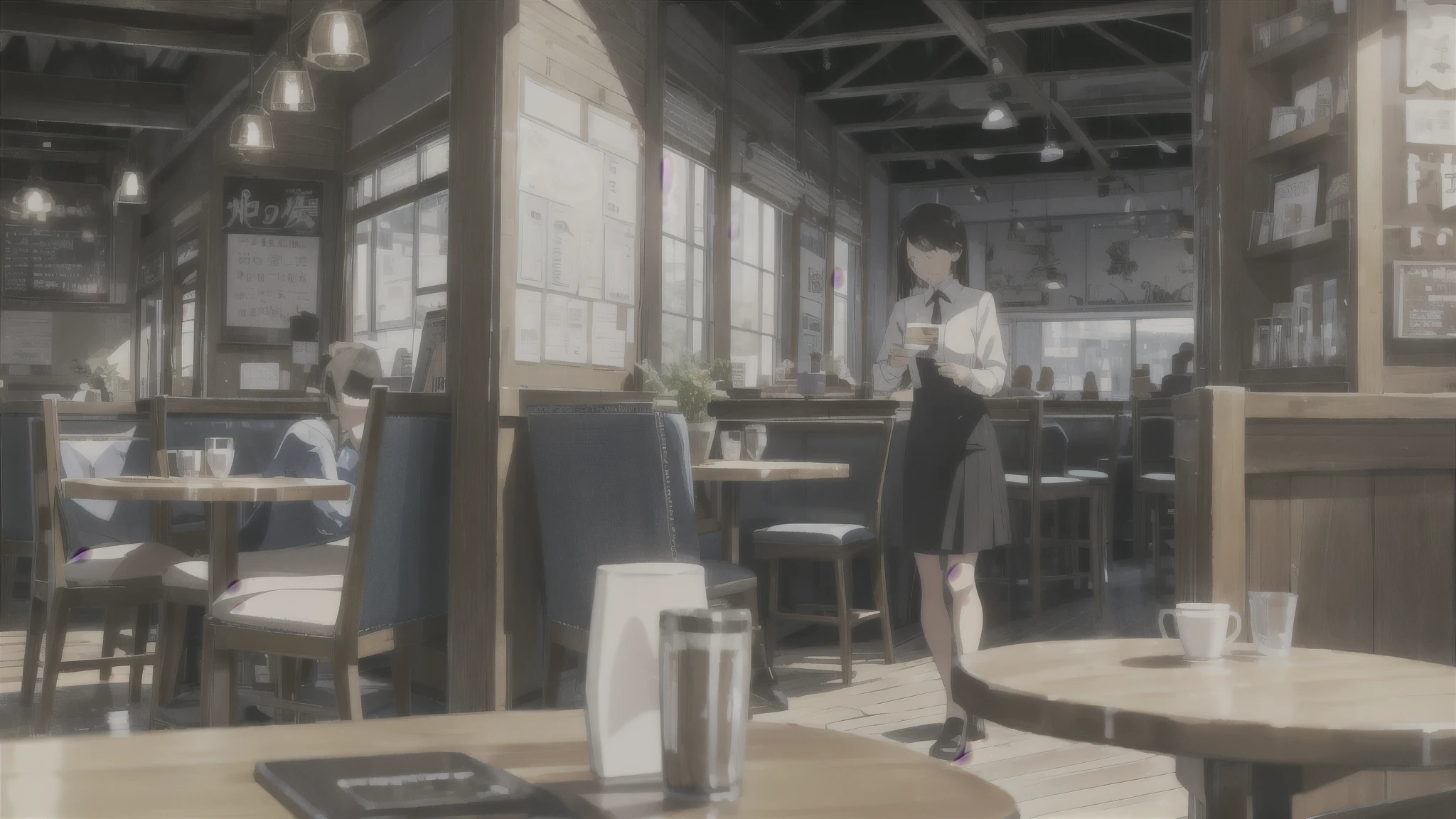 The Wind of Sincerity, anime, After the Rain, moving visual effects, Natural glare. Wearing a dress shirt and tie,denim, A 20-year-old with a kind face drinking coffee alone at a cafe, コーヒーを飲みながら楽しそうに音楽を聞いているかわいいwoman,  woman１At a cafe with people