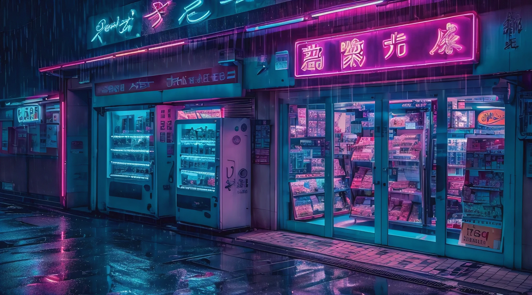 (best quality,4k,8k,highres,masterpiece:1.2),ultra-detailed,(realistic,photorealistic,photo-realistic:1.37), Wide-Angle Shot a shop around the corner in Tokyo, midnight, television display, color neon blue pink purple, Raining, captured with Sony a7 IV FE 85mm f/1.8 lens