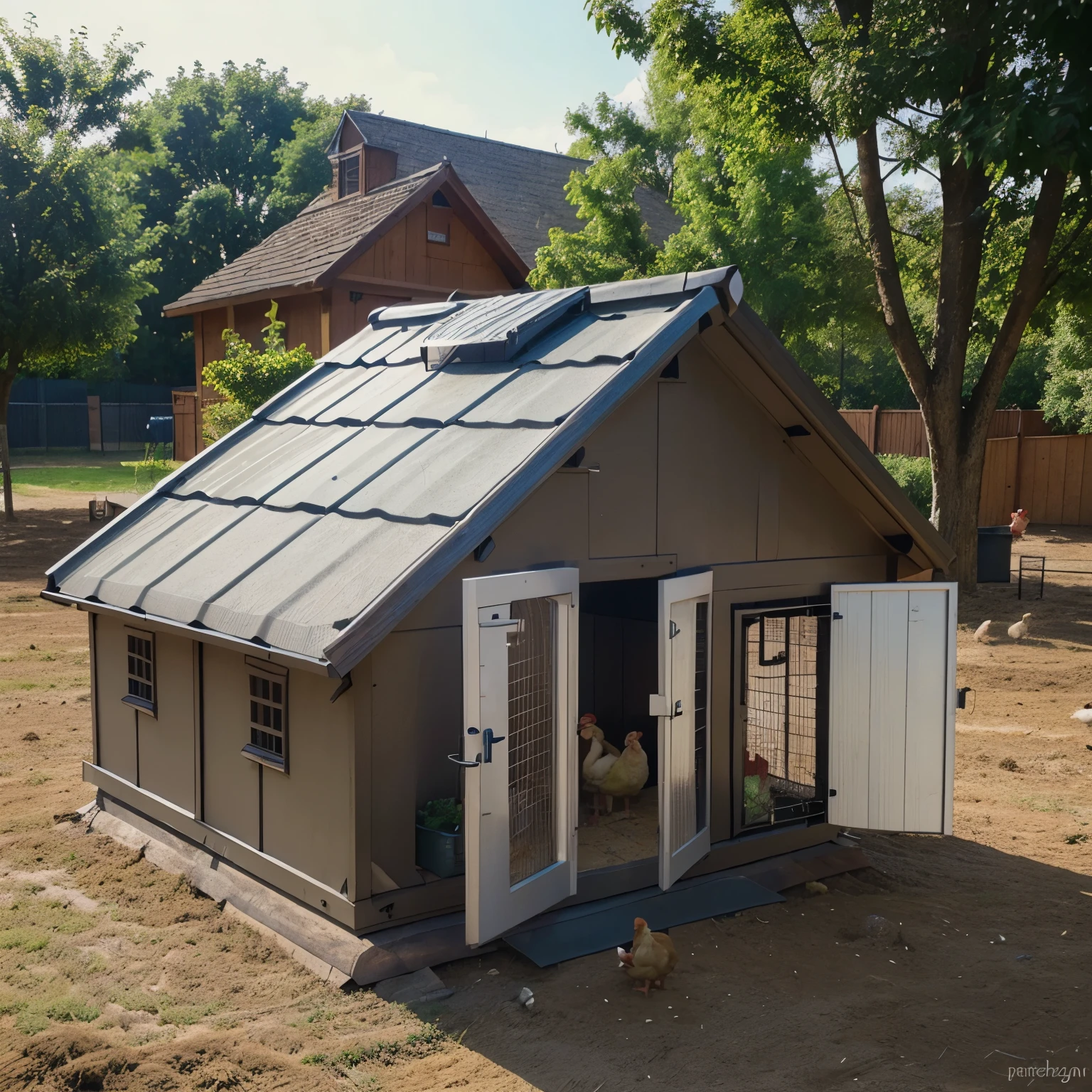 create and draw a housing for poultry animals like chickens, ducks, etc. Try to consider creating your design: ventilation, roofing, space requirements of the poultry animals to be kept, materials, and the design.
