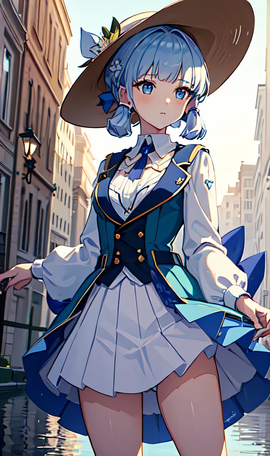 (masterpiece, best quality, ultra-detailed, highres), perfect face, sidelighting, lustrous skin, standing,
(bloom), (shine), lighting, ray tracing, sci-fi, city, street, outdoor, depth_of_field,
blue eyes , high heels, whirlwind of water, hair ornament, bangs, light blue hair, butterfly hair ornament, kamisato, kamisato ayaka \(heytea\),   hat, single hair ring, (lifting skirt), ((white panties underskirt))