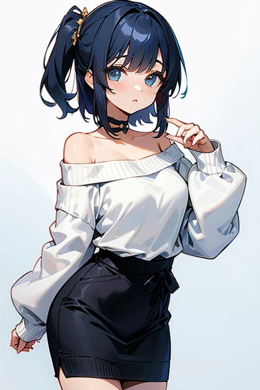 {{masterpiece}}, The best quality of life, 超High resolution, Attention to detail, high quality, High resolution, 最high quality, 4K, 8k,Attention to detail,((short indigo hair、Deep blue short hair)Braided Hair) 、 Cute female, 、One woman、(((Crimson Eyes、Red eyes、Red eyes、Beautiful attention to detail,Beautiful lip detail,A woman with beautiful eyes)))、Expressionless adult woman、((White background))、small but well-shaped breasts,、(((White sleeveless turtleneck、Black tight mini skirt、Black knee-high socks)))、smile、smile、Small earrings