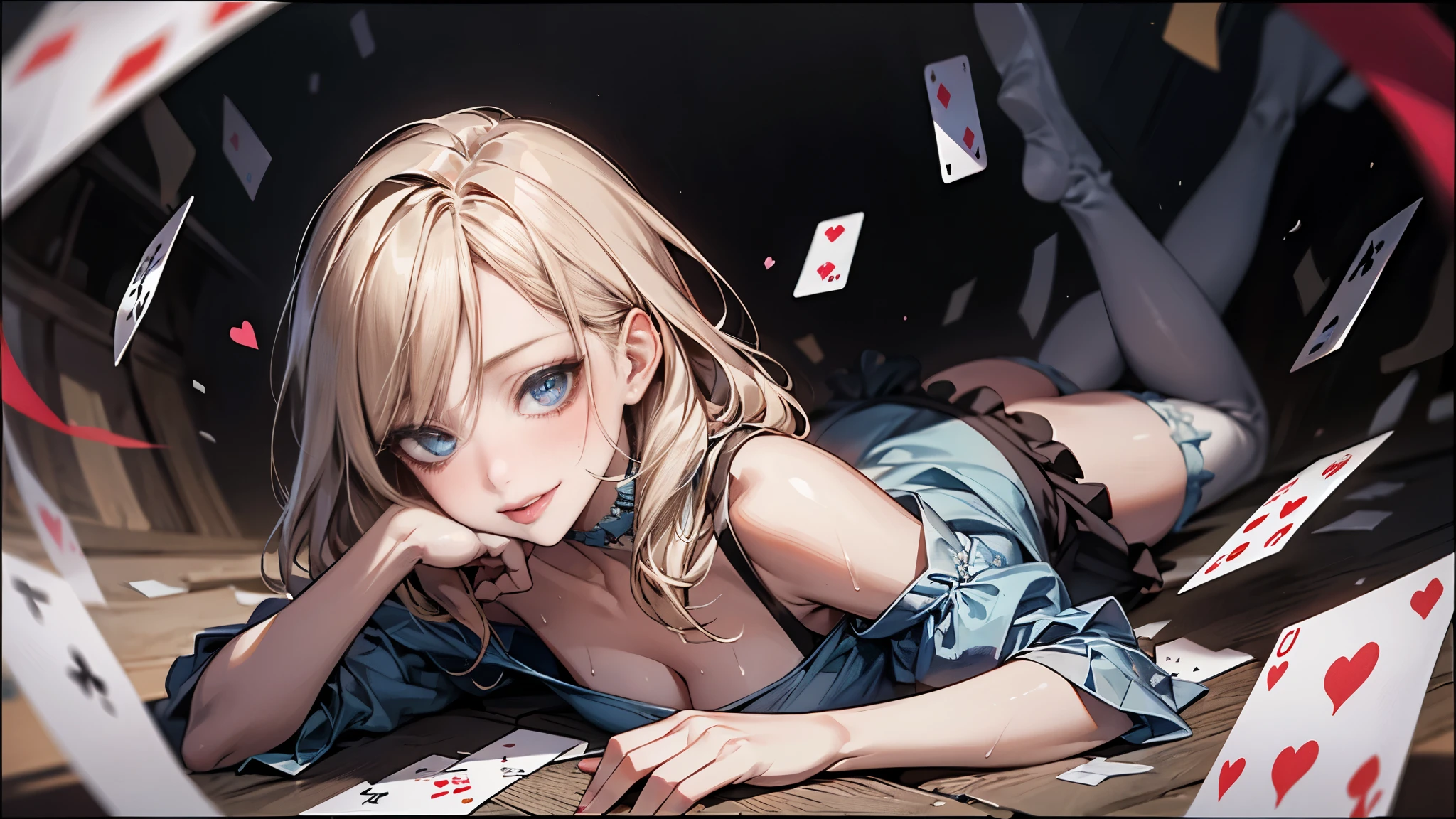 (Best quality, 8K, Masterpiece:1.3, 1 girl, solo, Beautiful girl), cute, Dynamism, Detailed face, Detailed skin, detailed clothes, Detailed eyes, Detailed lips, Detailed tongue, Detailed fingers, Detailed mouth, Photorealistic, Raw photo, highres, hight resolution, Natural lighting, dynamic pose, perfect anatomy, toned legs, double eyelids, tear bags, round eyes, moist lips, sweaty, ecstatic face, (alice in wonderland), playing card, cards, smile, fisheye, close up, white thighhighs, diamond, heart, clover, spade, surreal, upside-down, cleavage