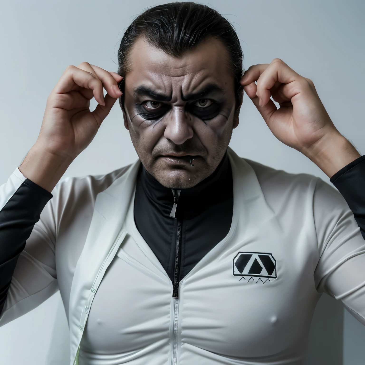 Create a photo of a villain dressed as Sérgio Tacchini
