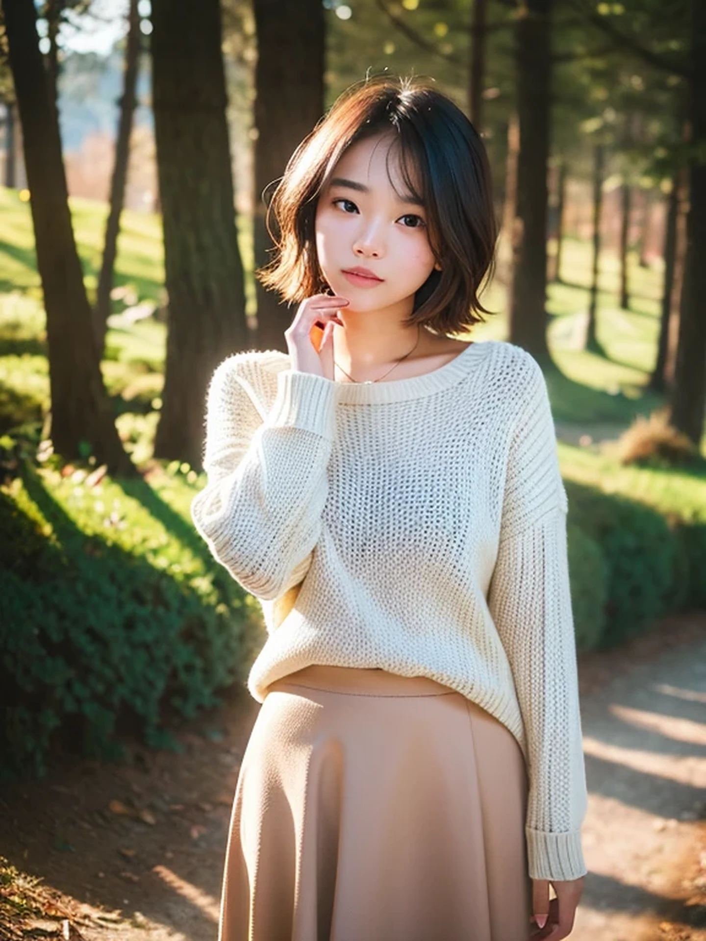 masterpiece, Best Quality, Raw photo, 8K, ultra-detailed face, 1girl, Beautiful detailed skin, backlight, soft light, bashful, (shoot from front:1.2), sad, open your mouth to say something, Luminescent, Anatomically correct, short hair, hair blown by the wind, Eyes and faces with detailed, Textured skin, Professional Photography, Bokeh, Portrait, Professional Lighting, Solo, Cute, Girly, Film grain, sweater, skirt, outside, forest shining in the morning sun,