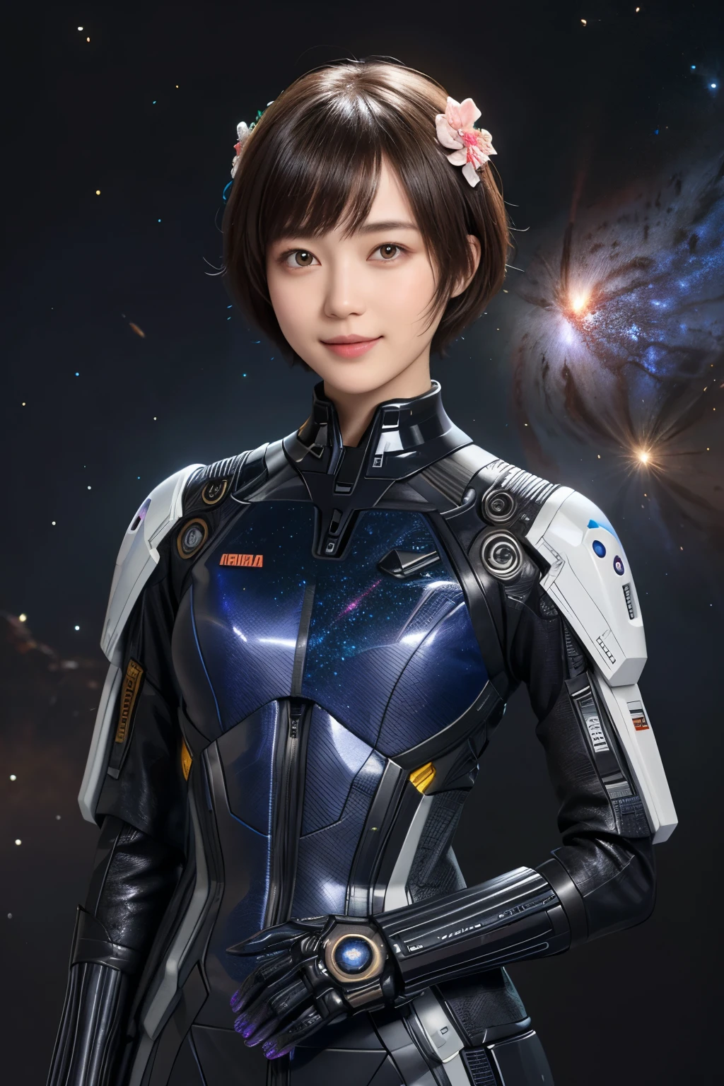 208 Short Hair, 20 year old female, Floral, gentle smile, futuristic clothes, mechanical suit, (The background is a galaxy and nebula)