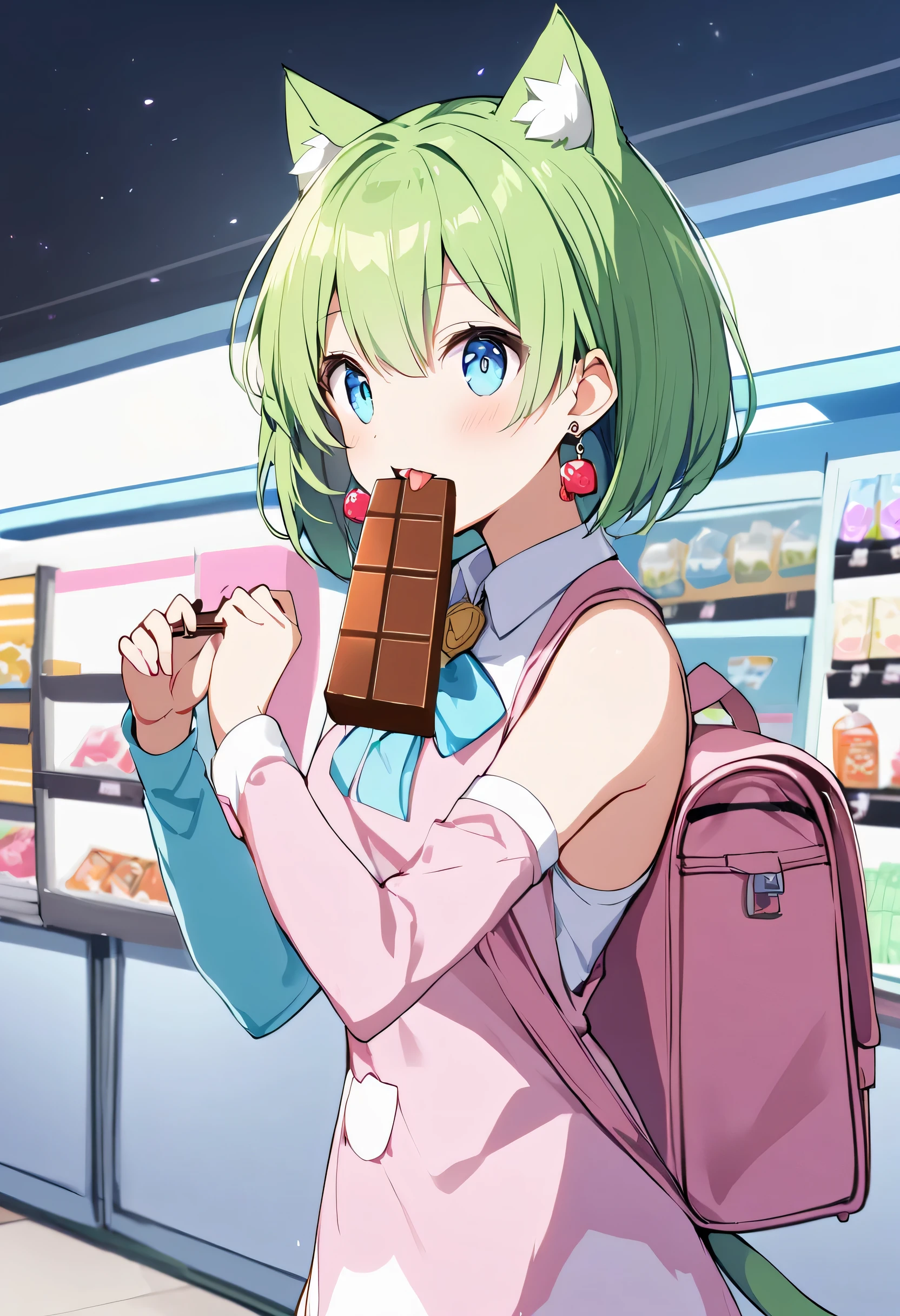1 girl, Deltamon_beta, one person in, blue eyes, knee high, animal ears, bare shoulders, blue tail, earrings, removable sleeve, green hair, No sleeve, Cat ear, bag, white knee high, cat tail, pink backpack, pink school bag,
BREAK A young woman is holding a big candy bar in her mouth at a candy-themed amusement park. She holds big candy bar in her mouth while sticking out her tongue. She is drooling. BREAK A young woman holding (big candy bar:1.3) in (A candy-themed late-night convenience store:1.3).