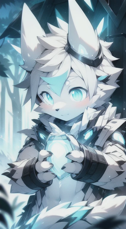 wolf,(white and gray body),(from black gray to white hair),(forest1.1),people,((small glowing eye, cyan eye:1, blue eye:1.1)), 1 boy