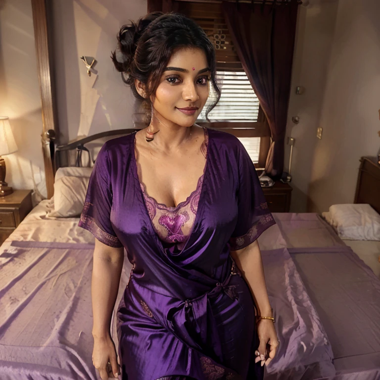 A 50 years old indian woman,big breasts,sexy figure,big ash,standing side of a bed,wearing full length v neck purple color silk nighty,bun hair style,glowing skin,day time,shy smile,ultra realistic,8k,detailed clothing