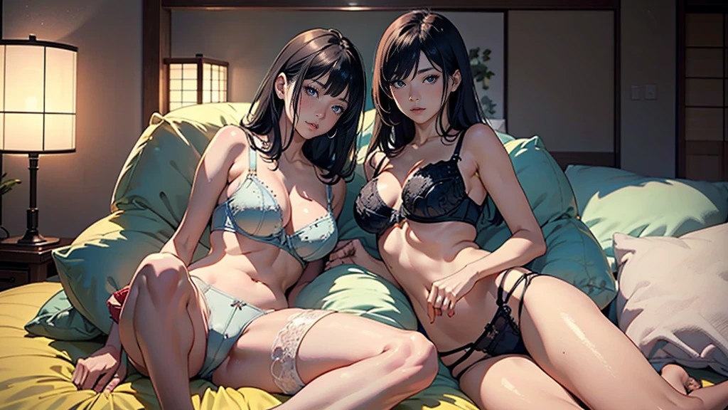 Japanese-style house, on the futon, A dark-haired Japanese woman sitting with a woman wearing red underwear, Japanese woman in underwear, Two Japanese women looking at each other, random pose,18-year-old,realistic young gravure idol, Young beautiful gravure idol, 8K)), 若いsensualグラビアアイドル, Glossy skin!!, shiny silver, ((beautiful skin)),((skin texture)),((Real Touch)),healthy, Ruddy, looking at camera,emphasized thighs,beautiful clavicle,((Embellished Detail Bra,sensual)),Flushed face,Feel the breath,