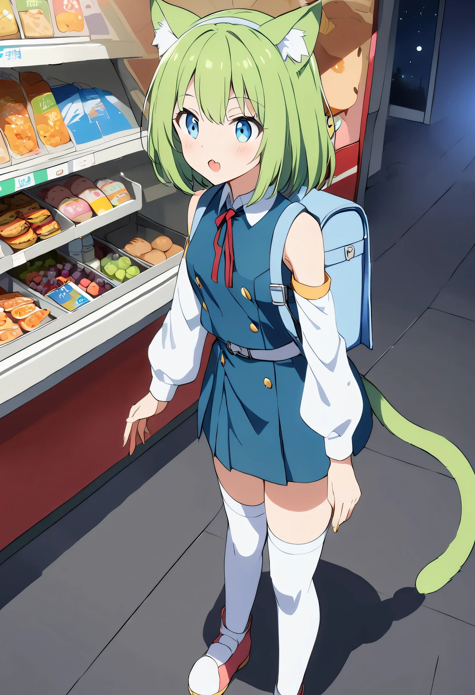 1 girl, deltamon_beta, alone, blue eyes, knee highs, animal ears, bare shoulders, blue tail, gs at earr, detachable sleeves, green hair, sleeveless, cat ears, bag, white knee highs, cat tail, p de k backpack, p de k school bag,
BREAK (Late Night Convenience Store: 1.3). 90's yankee crouching in front of a convenience store late at night with this.