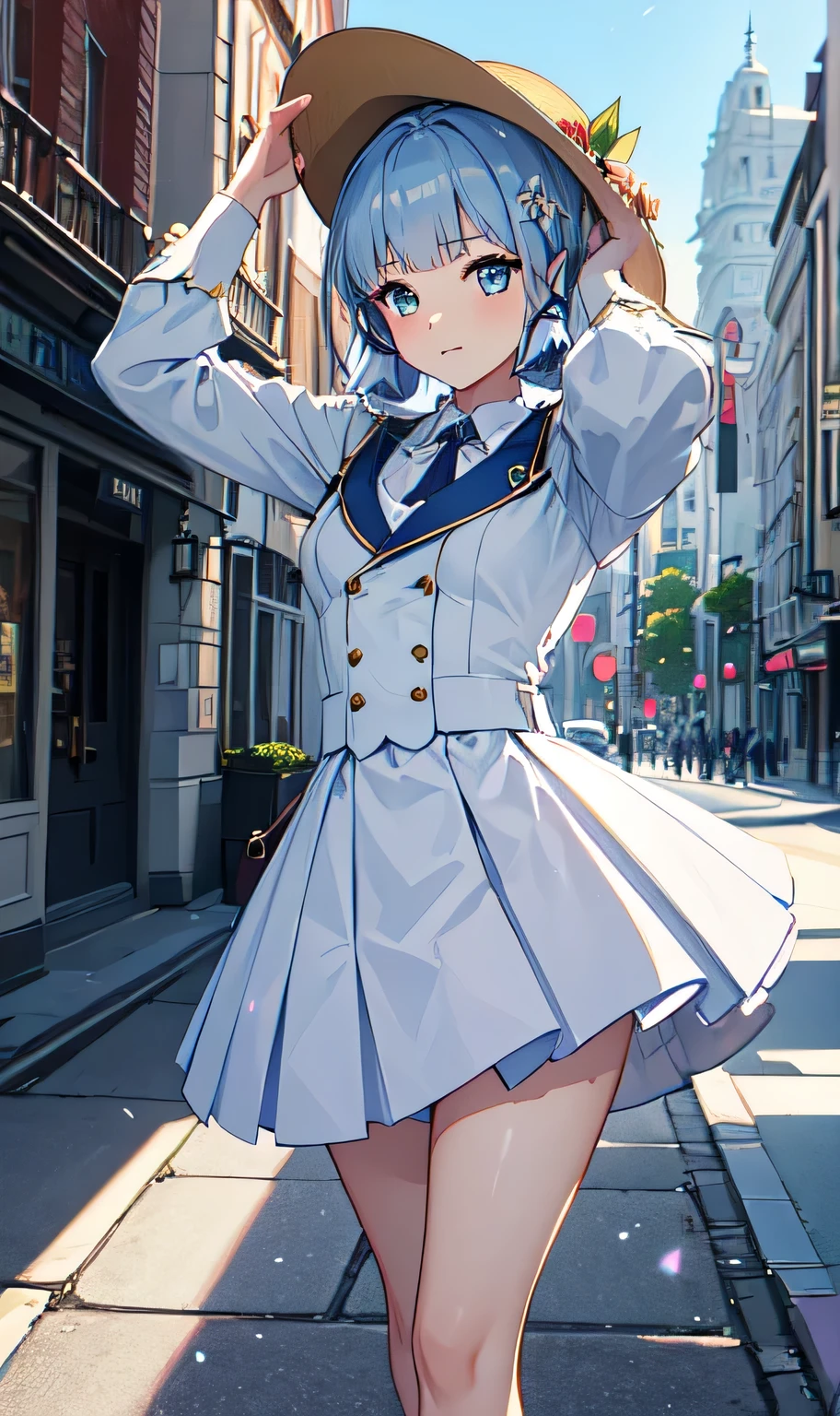 (masterpiece, best quality, ultra-detailed, highres), perfect face, sidelighting, lustrous skin, standing,
(bloom), (shine), lighting, ray tracing, sci-fi, city, street, outdoor, depth_of_field,
blue eyes , high heels, whirlwind of water, hair ornament, bangs, light blue hair, butterfly hair ornament, kamisato, kamisato ayaka \(heytea\),   hat, single hair ring, (lifting skirt), ((white panties underskirt))