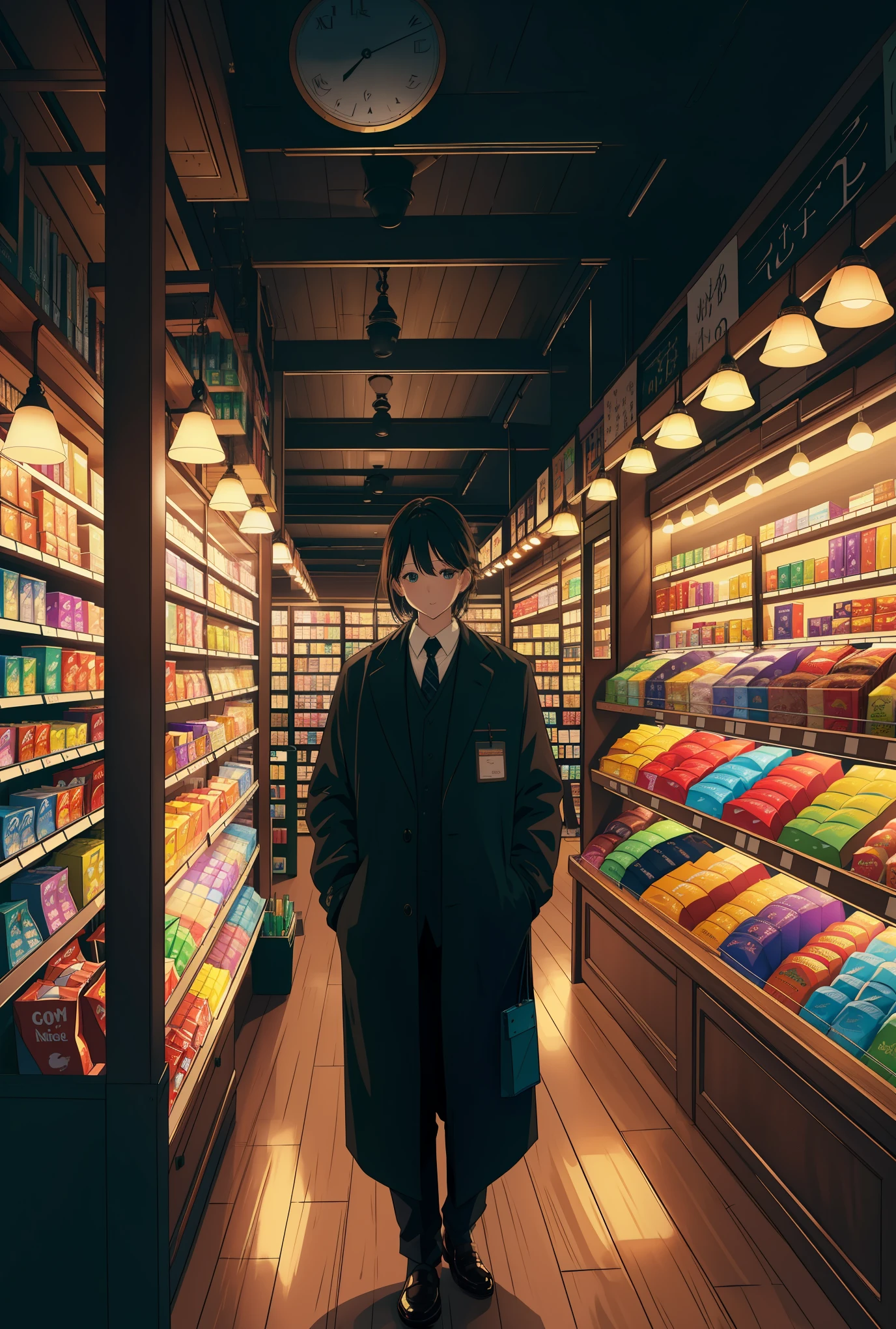 ,best quality,4k,8k,highres,masterpiece:1.2,ultra-detailed,realistic,photorealistic:1.37,illustration,magical atmosphere,quiet and tranquil setting,mysterious and enchanting midnight convenience store,neatly organized shelves,wide variety of products,cozy and inviting ambiance,subtle lighting,product diversity,bookshelves,stationery,snacks,candy,beverages,electronics,cosmetics,scattered interactive products,comforting environment,atmospheric charm,late night scene,lit up sign,indie products,unique items,secret treasures,exclusive products
