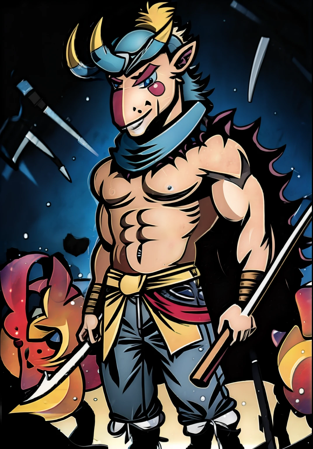 Muscle Gladiator, it has a silver bull head helmet，wear shorts，Axe in hand，Duel in the arena