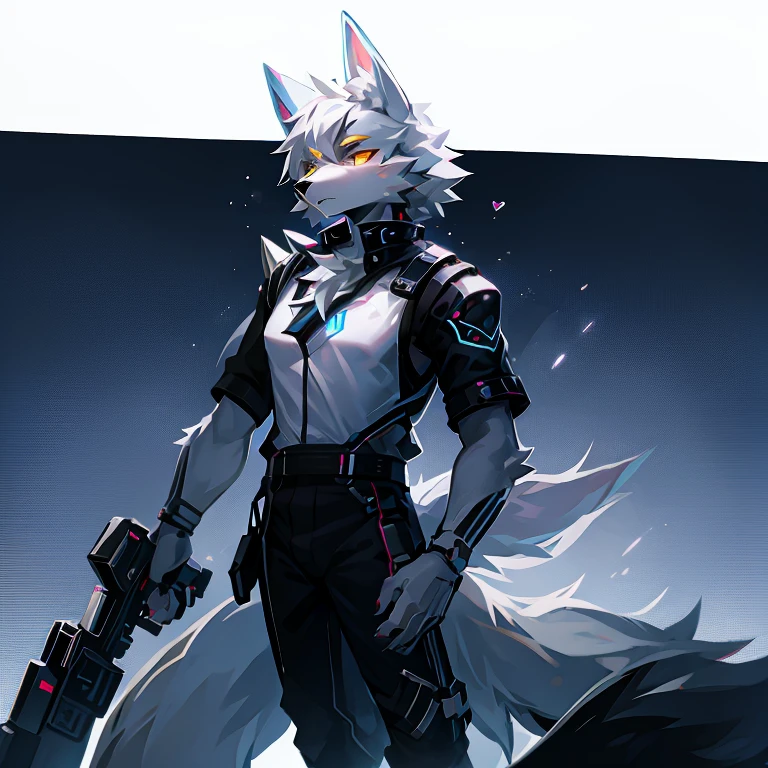 cyber punk perssonage,epcot,Tech style,solo person,White body,White ears,White hair,Overall white,Orange-yellow eyes,Wolf tail,Wolf orcs,Young,Wear a short-sleeved shirt,Ultra-clear screen,Soft lines