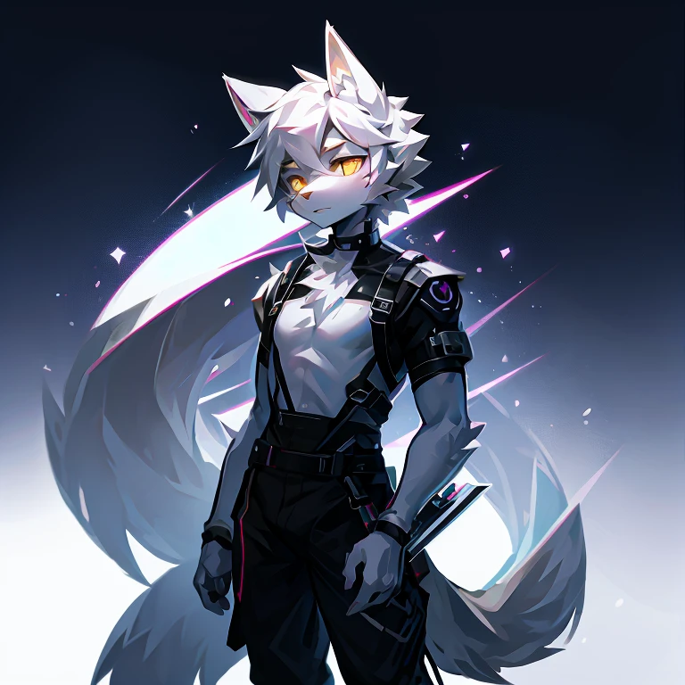 cyber punk perssonage,epcot,Tech style,solo person,White body,White ears,White hair,Overall white,Orange-yellow eyes,Wolf tail,Wolf orcs,Young,Wear a short-sleeved shirt,Ultra-clear screen,Soft lines