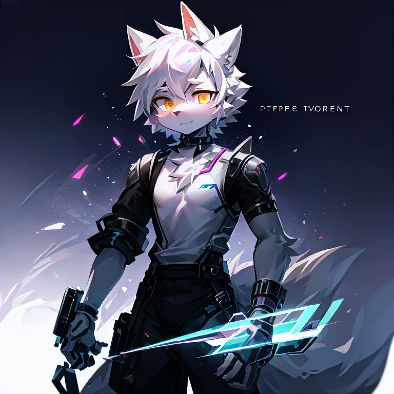 cyber punk perssonage，epcot，Tech style，solo person，White body，White ears，White hair，Overall white，Orange-yellow eyes，Wolf tail，Wolf orcs，Young，Wear a short-sleeved shirt，Ultra-clear screen，Soft lines