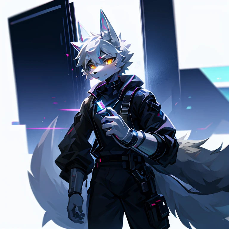 ((masterpiece, best quality)), (anthro furry:1.3, snout:1.2, anthro:1.3, furry:1.2, solo male:1.2, smug smile), Furry, kemono, furry wolf, anthropomorphic, male, silver fur, silver skin, red eyes, femboy, cyberpunk clothes, sexy clothes, revealing clothes, ((blue clothing)), collar, cyberpunk theme, uploaded on e621, Cyberpunk technology. cybernetics, 