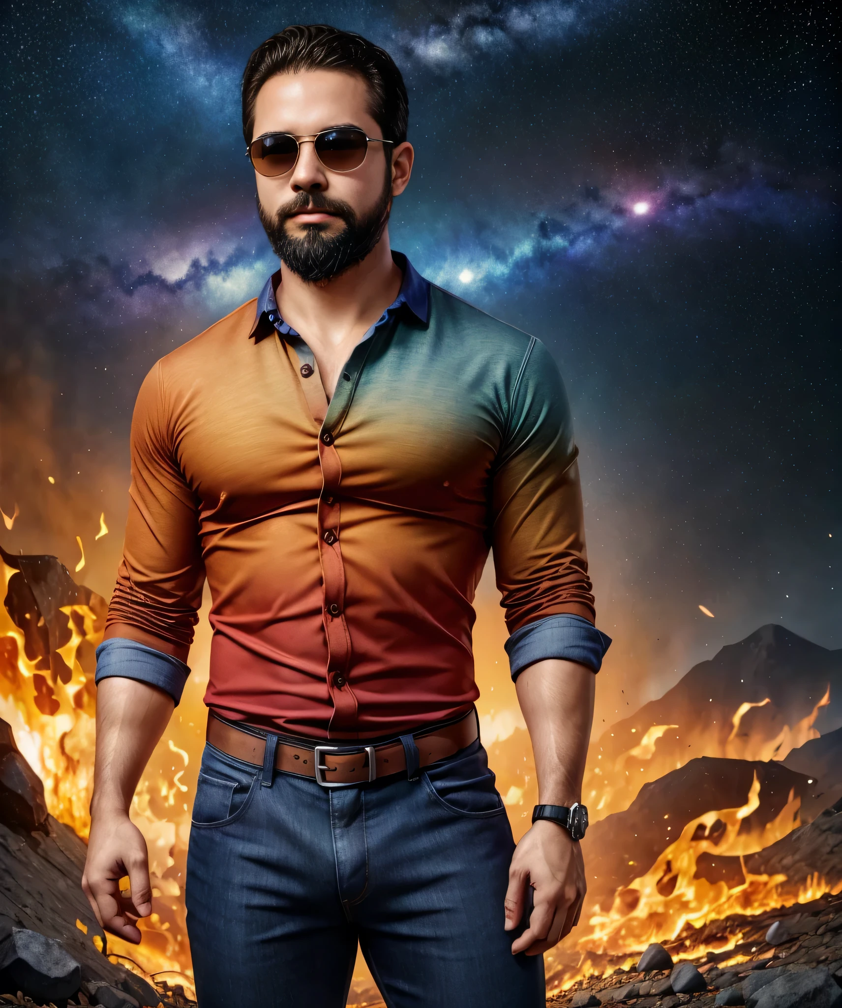 Obra maestra, desenfoque de campo, Parte superior del cuerpo, Hands in pants pockets, 38 year old man with beard and square sunglasses. Man wearing a shirt with a color gradient in the space movie with a firestorm in the background.