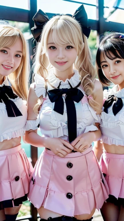 ((Cute & Girly)), (THE IDOLM@STER), (((Harem: 1.3))), (((Beautiful photo of three women: 1.35))), (Top quality, masterpiece: 1.25), (Photoreal: 1.25), Absurd , (small breasts: 1.2), (Long wavy blonde hair), Full round face, ((idle, (school festival frilled pink costume:1.3),(mini skirt:1.3),zettai ryouiki,bow tie,hair ribbon,small breast,(button gap:1.1),sleeveless,cuffs,tights)), Front view, Highly detailed, (Captivating smile: 1.2), (Dynamic lighting: 1.1), (Moist skin: 1.1), ((((3P)))), close-up, staring at the viewer, big round eyes, ((slender whole body)), (((Cute and girly with black hair, blonde hair, and white hair 3 Japanese people))),(((She secretly masturbates by touching her breasts and pussy)))