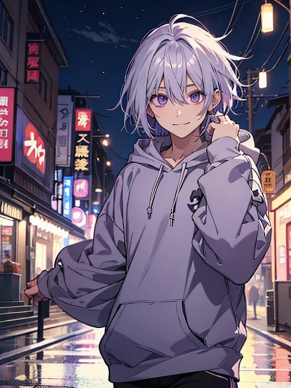 anime、male、male性、silver hair、short、smile、beautiful purple eyes、high resolution、hoodie、animeの原画, Trending on Art Station Pixiv, 詳細なanimeキャラクターアート